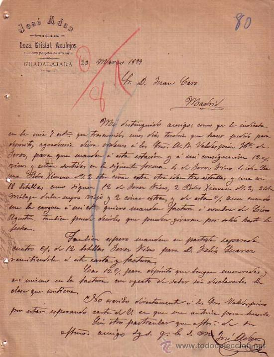 Cartas comerciais: GUADALAJARA. 1899. CARTA COMERCIAL DE JOSE ADAN. BOZA, CRISTAL Y AZULEJOS.