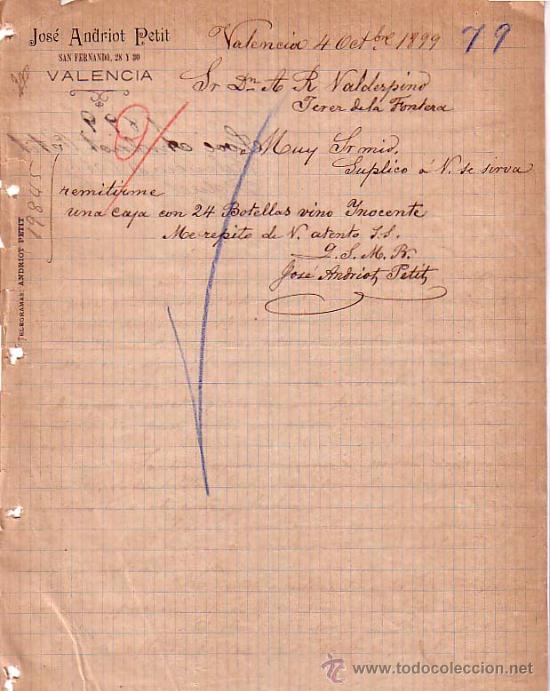 Cartas comerciais: VALENCIA. 1899. CARTA COMERCIAL DE JOSE ANDRIOT PETIT.