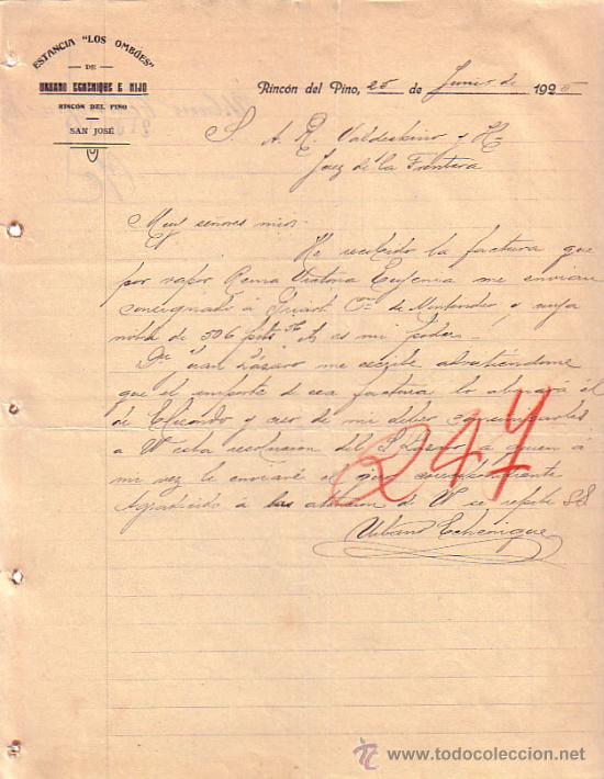 Cartas comerciais: RINCON DEL PINO. 1925. CARTA COMERCIAL DE ESTANCIA LOS OMBUES. URBANO ECHEHIQUE E HIJO.