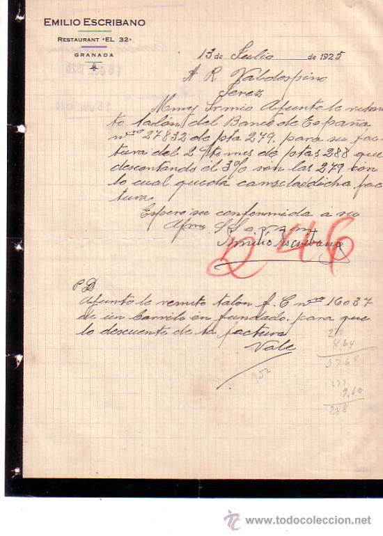 Cartas comerciais: GRANADA. 1925. CARTA COMERCIAL. RESTAURANT EL 32. EMILIO ESCRIBANO.