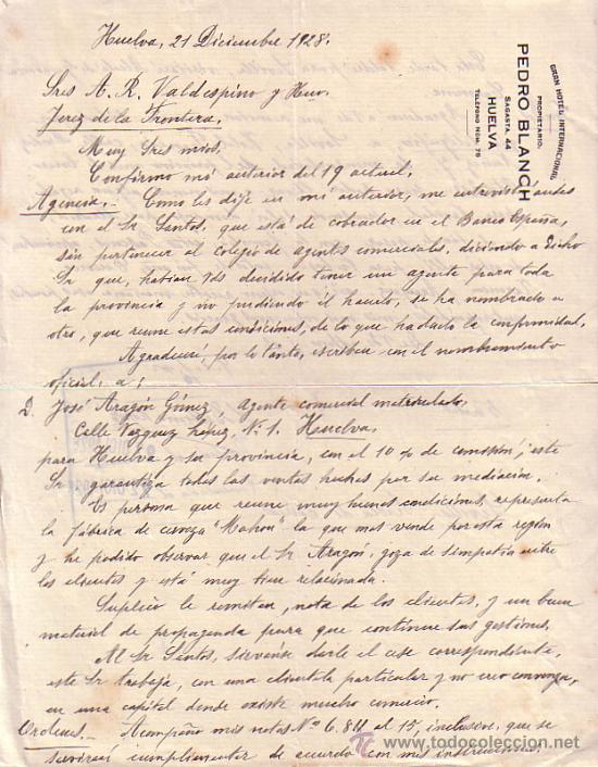 Gesch&auml;ftsbriefe: HUELVA. 1928. CARTA COMERCIAL. GRAN HOTEL INTERNACIONAL. PEDRO BLANCH