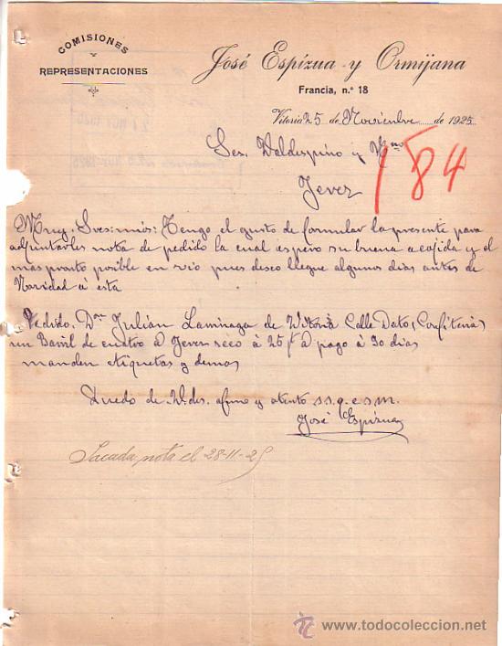 Lettere commerciali: VITORIA. 1925. CARTA COMERCIAL. COMISIONES Y REPRESENTACIONES. JOSE ESPIZUA ORMIJANA.