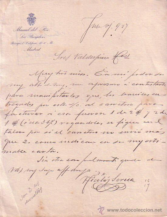 Gesch&auml;ftsbriefe: MADRID. 1927. CARTA COMERCIAL. MANUEL DEL RIO.