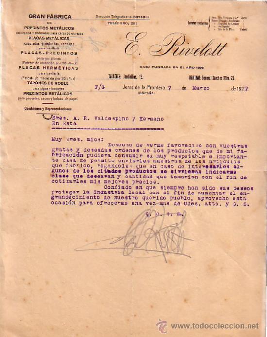Gesch&auml;ftsbriefe: JEREZ DE LA FRONTERA (CADIZ). 1927. CARTA COMERCIAL. GRAN FABRICA DE PRECINTOS METALICOS. E. RIVELOT