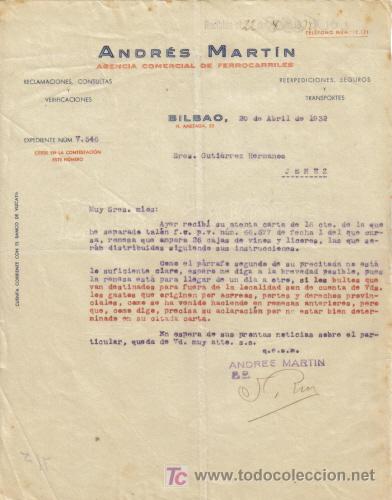 Gesch&auml;ftsbriefe: BILBAO. 1932. CARTA COMERCIAL DE AGENCIA COMERCIAL DE FERROCARRILES. ANDRES MARTIN.