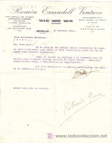 Gesch&auml;ftsbriefe: NOVELDA. 1929. CARTA COMERCIAL DE ANIS, SEMILLA DE ALFALFA, ALMENDRAS Y COMINOS. R. ESCANDELL.
