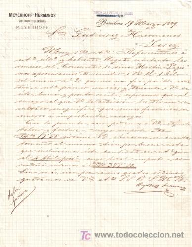 Cartas comerciales: BARCELONA. 1889. CARTA COMERCIAL DE MEYERHOFF HERMANOS. - Foto 1