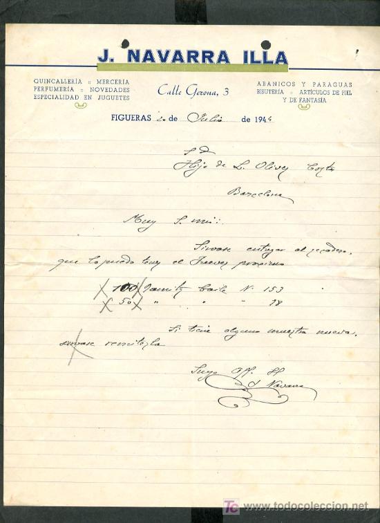 Cartas comerciales: Figueres. *J. Navarra Illa* A&ntilde;o 1944.
