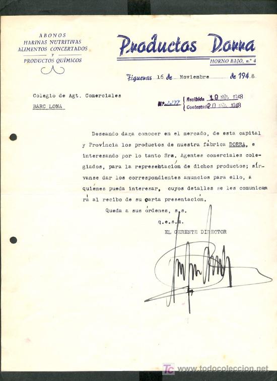 Cartas comerciales: Figueres. *Productos Darra - Abonos, Harinas...* A&ntilde;o 1948.