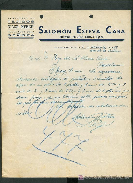 Lettres commerciales: Sant Sadurn&iacute; d&acute;Anoia. *Salom&oacute;n Esteva Caba - Casa Merc&egrave;* Fecha: Dic 1939.