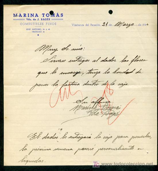 Commercial Letters: Vilafranca del Pened&egrave;s. *Marina Tom&aacute;s - Comestibles Finos* Fecha: Mayo 1944.