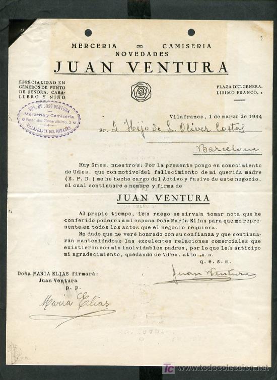 Cartas comerciales: Vilafranca del Pened&egrave;s. *Juan Ventura - Mercer&iacute;a, Camiser&iacute;a...* Fecha: Marzo 1944.
