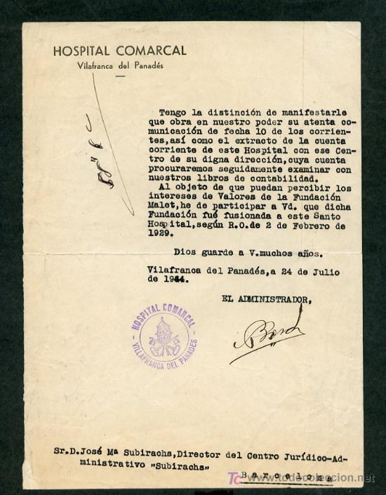 Cartas comerciales: Vilafranca del Pened&egrave;s. *Hospital Comarcal* Fecha: Julio 1954.