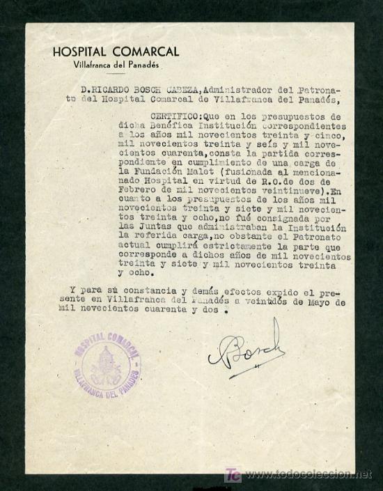 Commercial Letters: Vilafranca del Pened&egrave;s. *Hospital Comarcal* Fecha: Mayo 1942.