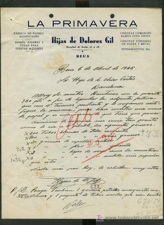 Commercial Letters: Reus. *La Primavera. Hijas de Dolores Gil* Fechada 1945.