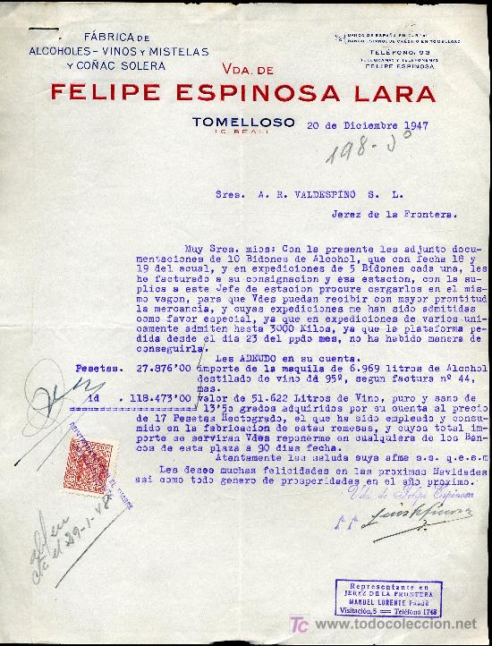Commercial Letters: TOMELLOSO (CIUDAD REAL). 1947.CARTA COMERCIAL DE FABRICA DE VINOS,MISTELAS Y CO&Ntilde;AC.VDA.DE F.ESPINOSA