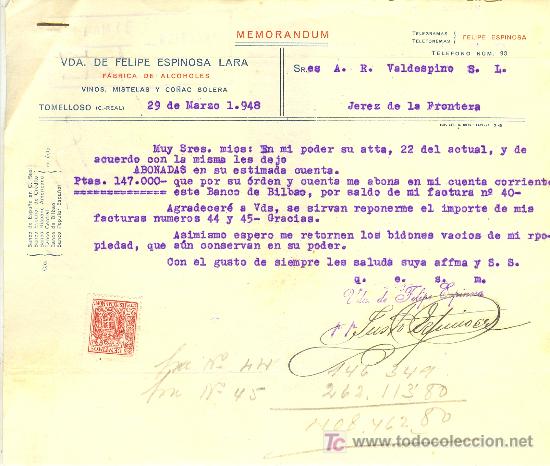 Commercial Letters: TOMELLOSO (CIUDAD REAL). 1948. CARTA COMERCIAL DE FABRICA DE ALCOHOLES , VDA DE F. ESPINOSA LARA