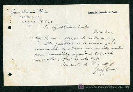 Cartas comerciales: La Cava. *Juan Amen&oacute;s Moles - Agente del Monopolio de Petr&oacute;leos* A&ntilde;o 1948.