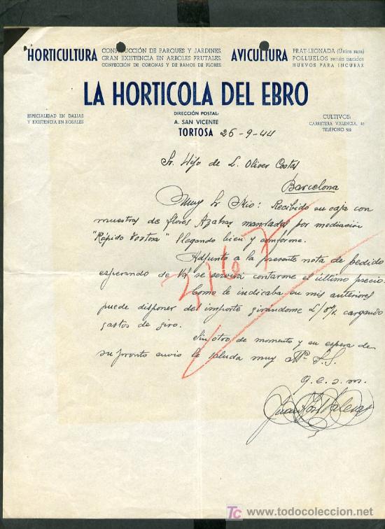 Lettres commerciales: Tortosa. *La Hort&iacute;cola del Ebro* A&ntilde;o 1944.