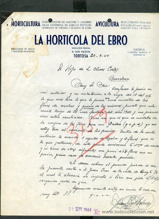 Commercial Letters: Tortosa. *La Hort&iacute;cola del Ebro* A&ntilde;o 1944.