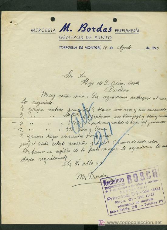 Cartas comerciales: Torroella de Montgr&iacute;. *M. Bordas - Mercer&iacute;a* A&ntilde;o 1945. Tamp&oacute;n *Recadero Bosch*.