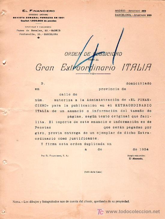 Cartas comerciales: BARCELONA. 1924. CARTA COMERCIAL DE ORDEN DE PUBLICIDAD. GRAN EXTRAORDINARIO ITALIA.