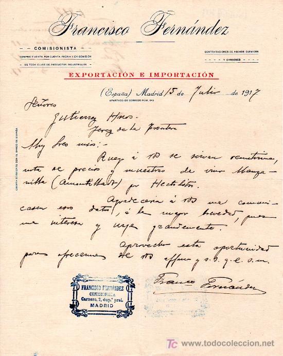 Cartas comerciales: MADRID. 1917. CARTA COMERCIAL DE EXPORTACION E IMPORTACION. FRANCISCO FERNANDEZ.