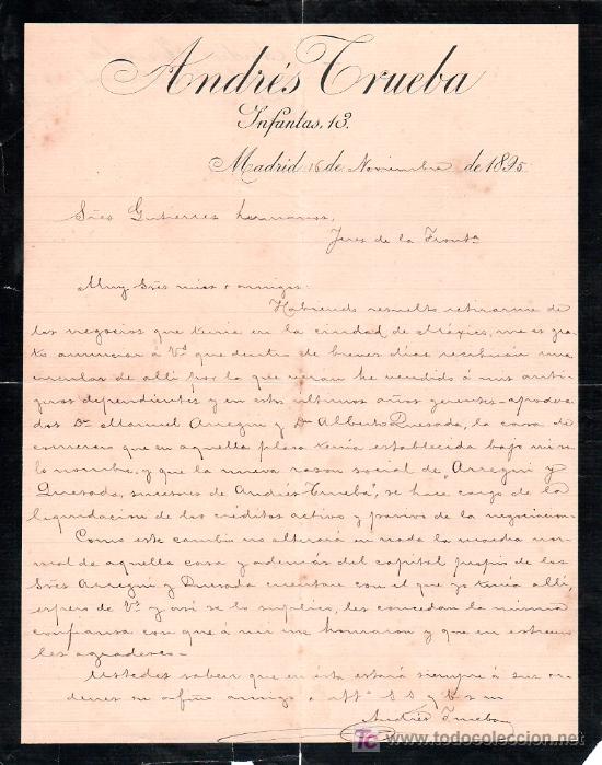 Cartas comerciales: MADRID. 1895. CARTA COMERCIAL DE ANDRES TRUEBA.
