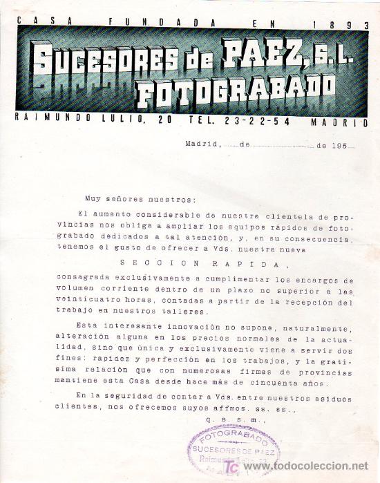 Cartas comerciales: MADRID. 1955. CARTA COMERCIAL DE FOTOGRABADO. SUCESORES DE PAEZ, S. L.
