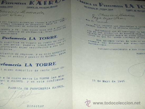 Cartas comerciales: FABRICA DE PERFUMERIA KAIROL Y LA TORRE, PUENTE DE VALLECAS MADRID. 1945.