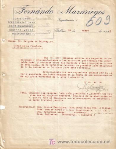Gesch&auml;ftsbriefe: BILBAO. 1922. CARTA COMERCIAL DE FERNANDO MAZARIEGOS.