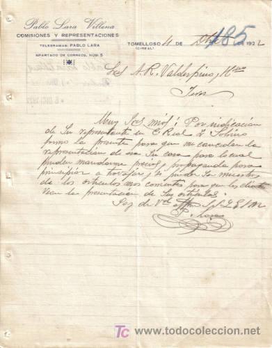 Commercial Letters: TOMELLOSO ( C, REAL). 1922. CARTA COMERCIAL DE COMISIONES Y REPRESENTACIONES. PABLO LARA.