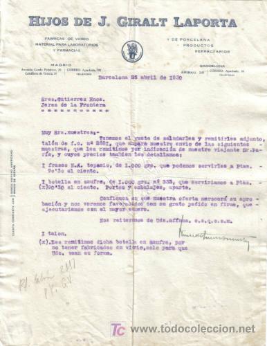 Cartas comerciales: BARCELONA. 1930. CARTA COMERCIAL DE FABRICA DE VIDRIO. HIJOS DE J. GIRALT LAPORTA.
