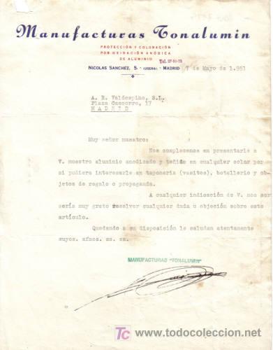 Cartas comerciais: MADRID. 1951. CARTA COMERCIAL DE MANUFACTURAS TONALUMIN.