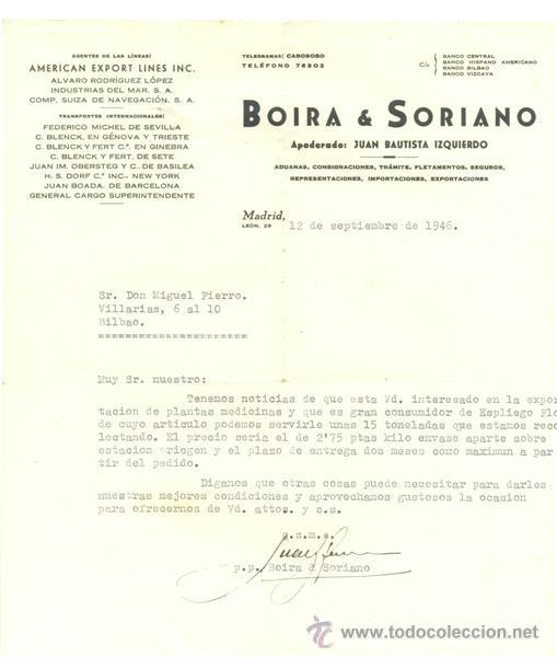 Cartas comerciales: Boira & Soriano .. Aduanas, consignaciones, tramites &hellip;. Madrid 1946
