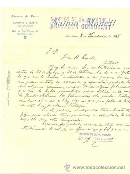 Cartas comerciales: SALVIO MONELL .. Genero de punto .. Barcelona 1945