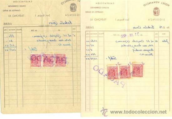 Cartas comerciales: 2 facturas .. HOTEL VENANCIO .. Singuenza 1950 .. Con 3 sellos 25 c&eacute;ntimos Especial m&oacute;vil