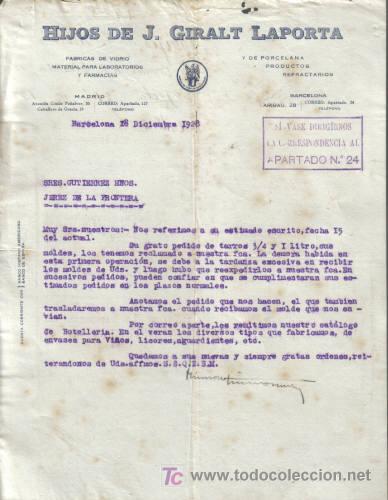 Cartas comerciales: BARCELONA. 1928. CARTA COMERCIAL DE FABRICAS DE VIDRIO. HIJOS DE J. GIRALT LAPORTA.