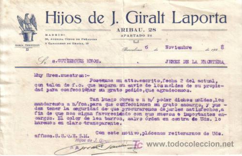Cartas comerciales: BARCELONA. 1928. CARTA COMERCIAL DE FABRICAS DE VIDRIO. HIJOS DE J. GIRALT LAPORTA.
