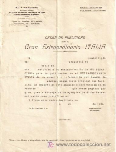 Cartas comerciales: BARCELONA. 1924. CIRCULAR DE ORDEN DE PUBLICIDAD. GRAN EXTRAORDINARIO ITALIA.