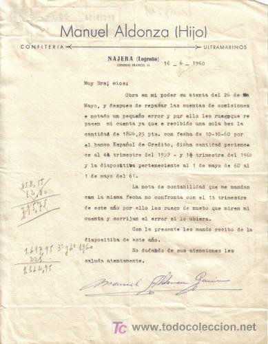 Commercial Letters: NAJERA ( LOGRO&Ntilde;O). 1960. CARTA COMERCIAL DE CONFITERIA Y ULTRAMARINOS. MANUEL ALDONZA ( HIJO).