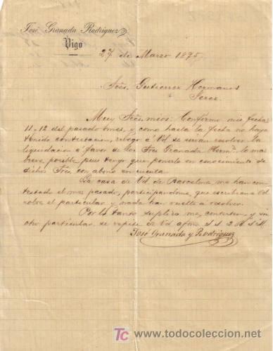 Cartas comerciales: VIGO. 1875. CARTA COMERCIAL DE JOSE GRANADA RODRIGUEZ.