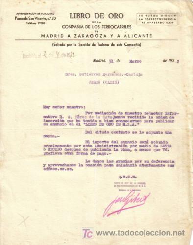 Cartas comerciales: MADRID. 1932. CARTA COMERCIAL DE LIBRO DE ORO DE LA COMPA&Ntilde;IA DE FERROCARRILES DE MADRID A ZARAGOZA.