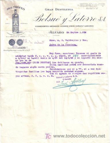 Cartas comerciales: ALFARO ( RIOJA). 1936. CARTA COMERCIAL DE GRAN DESTILERIA. BELSUE Y LATORRE S. A.