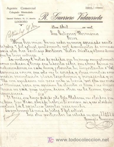 Cartas comerciales: LOGRO&Ntilde;O. 1932. CARTA COMERCIAL DE AGENTE COMERCIAL. R. GUERRERO VIDAURREDA.