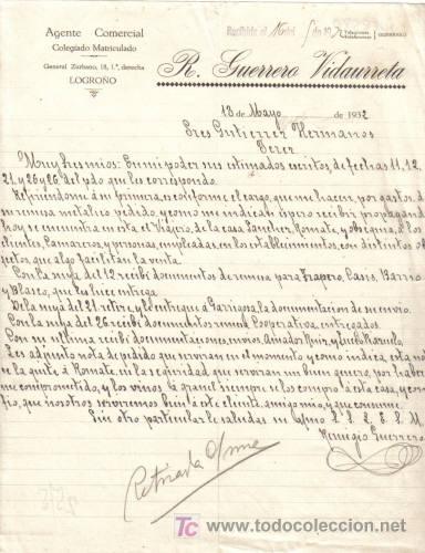 Cartas comerciales: LOGRO&Ntilde;O. 1932. CARTA COMERCIAL DE AGENTE COMERCIAL. R. GUERRERO VIDAURREDA.