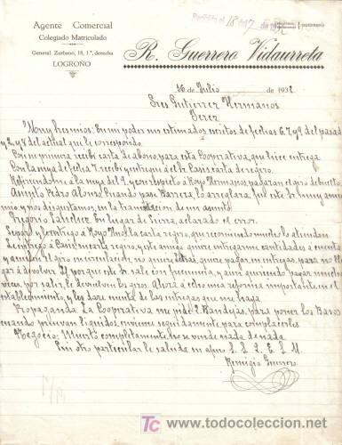 Cartas comerciales: LOGRO&Ntilde;O. 1932. CARTA COMERCIAL DE AGENTE COMERCIAL. R. GUERRERO VIDAURREDA.