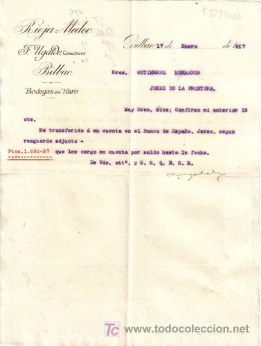 Gesch&auml;ftsbriefe: BILBAO. 1917. CARTA COMERCIAL DE COSECHERO. RIOJA MEDOC. F. UGALDE.