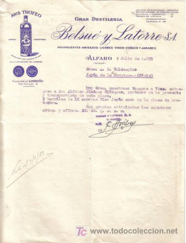 Gesch&auml;ftsbriefe: ALFARO ( RIOJA). 1959. CARTA COMERCIAL DE GRAN DESTILERIA. BELSUE Y LATORRE S. A.