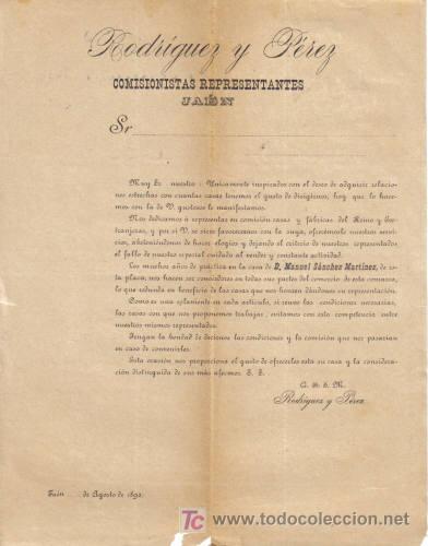 Gesch&auml;ftsbriefe: JAEN. 1892. CARTA COMERCIAL DE COMISIONISTAS REPRESENTANTES. RODRIGUEZ Y PEREZ.